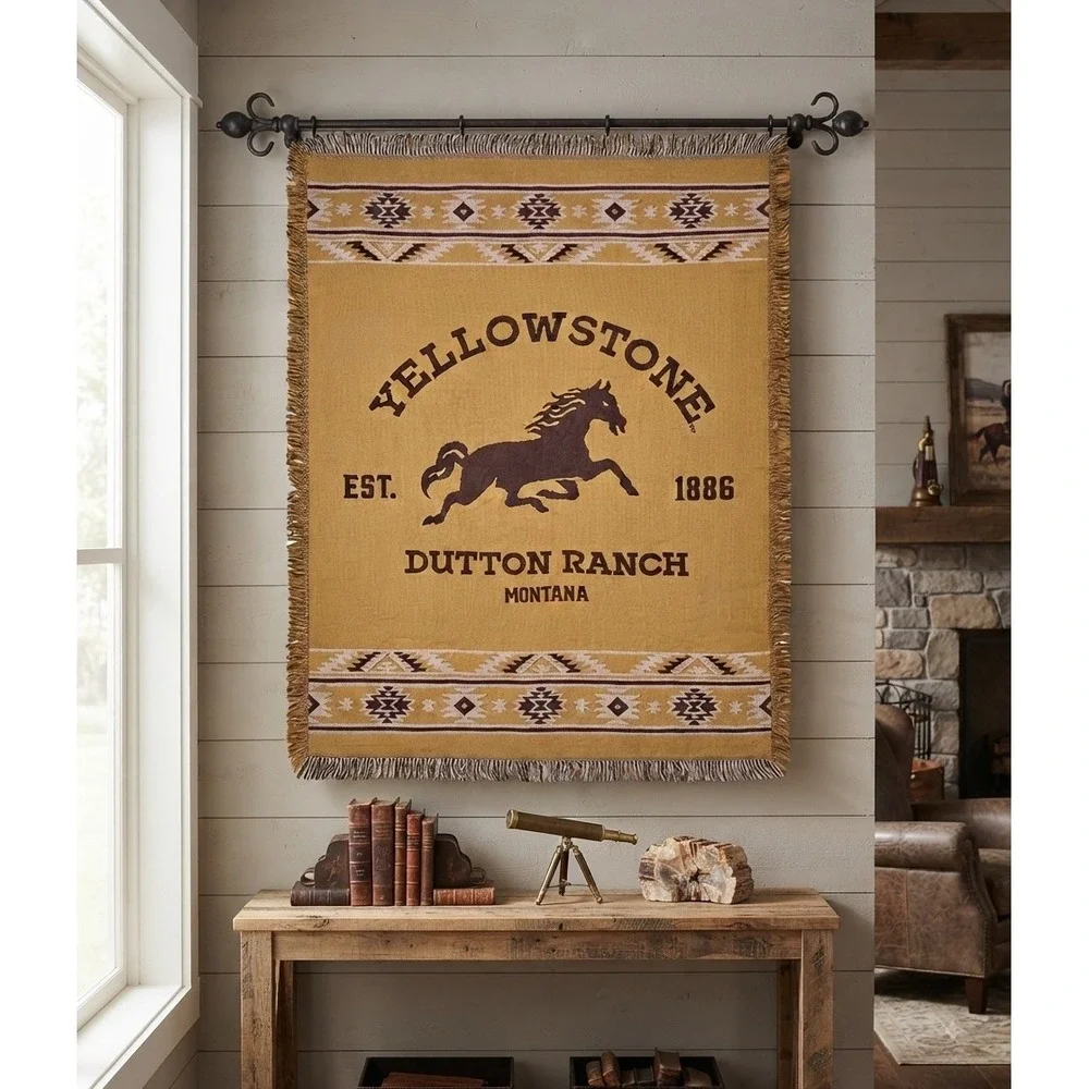 Yellowstone Dutton Ranch Montana Woven Tapestry Throw Blanket Horse Southwestern